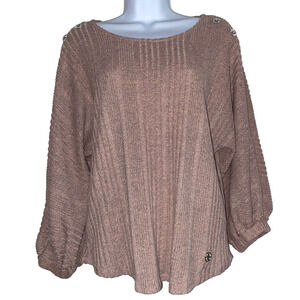 Adrienne Vittadini Blouse Womens Size Large Pink Beaded Pullover 3/4 Sleeve